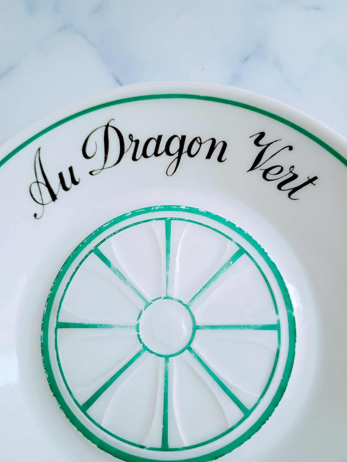 Vintage French Mid-Century Green Bistro Saucer 5"- Au Dragon Vert