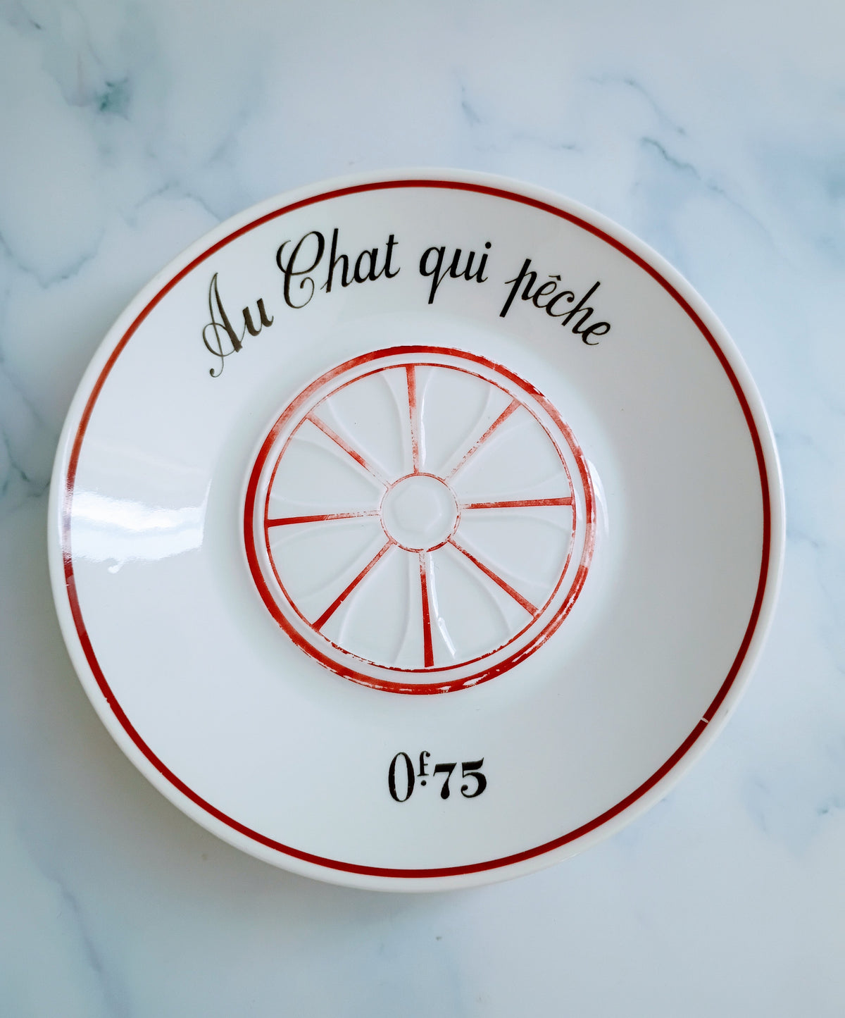 Vintage French Mid-Century Red Bistro Saucer 5"- Au Chat Qui Pêche