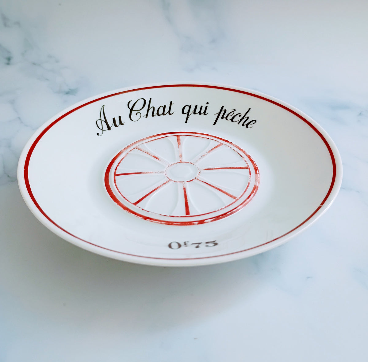 Vintage French Mid-Century Red Bistro Saucer 5"- Au Chat Qui Pêche