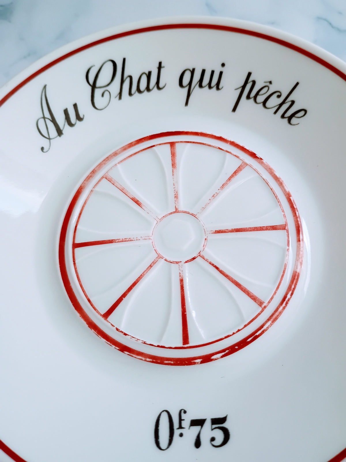 Vintage French Mid-Century Red Bistro Saucer 5"- Au Chat Qui Pêche