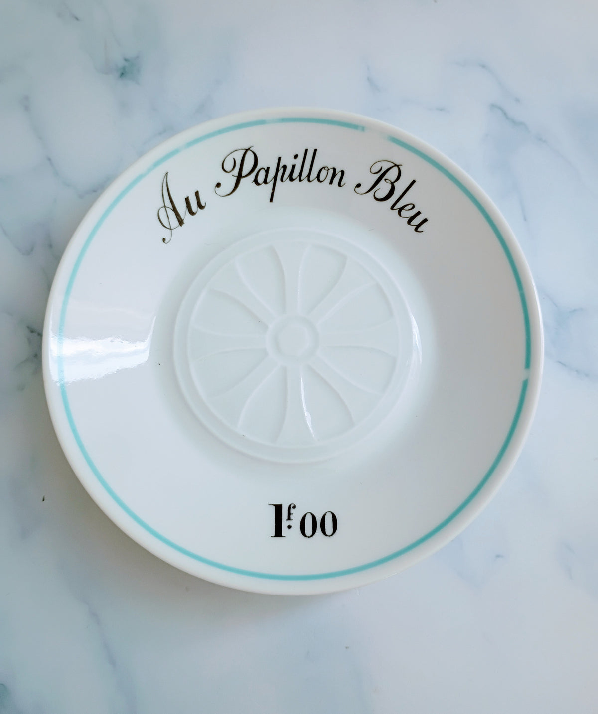Vintage French Mid-Century Light Blue Bistro Saucer 5"- Au Papillon Bleu
