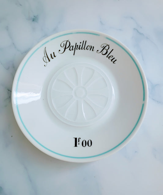 Vintage French Mid-Century Light Blue Bistro Saucer 5"- Au Papillon Bleu