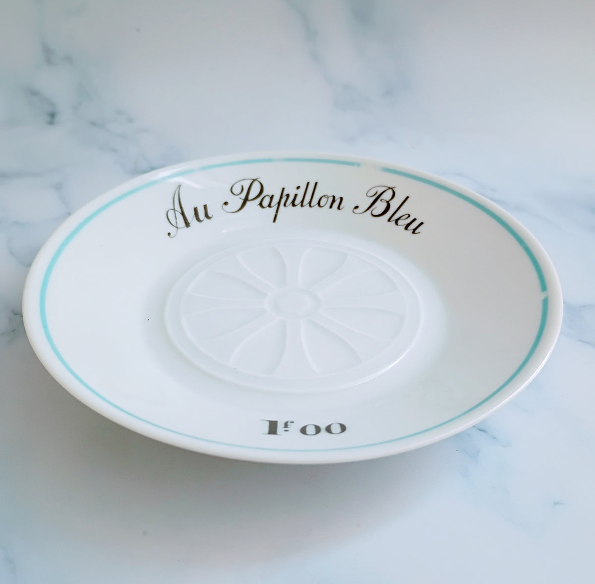 Vintage French Mid-Century Light Blue Bistro Saucer 5"- Au Papillon Bleu